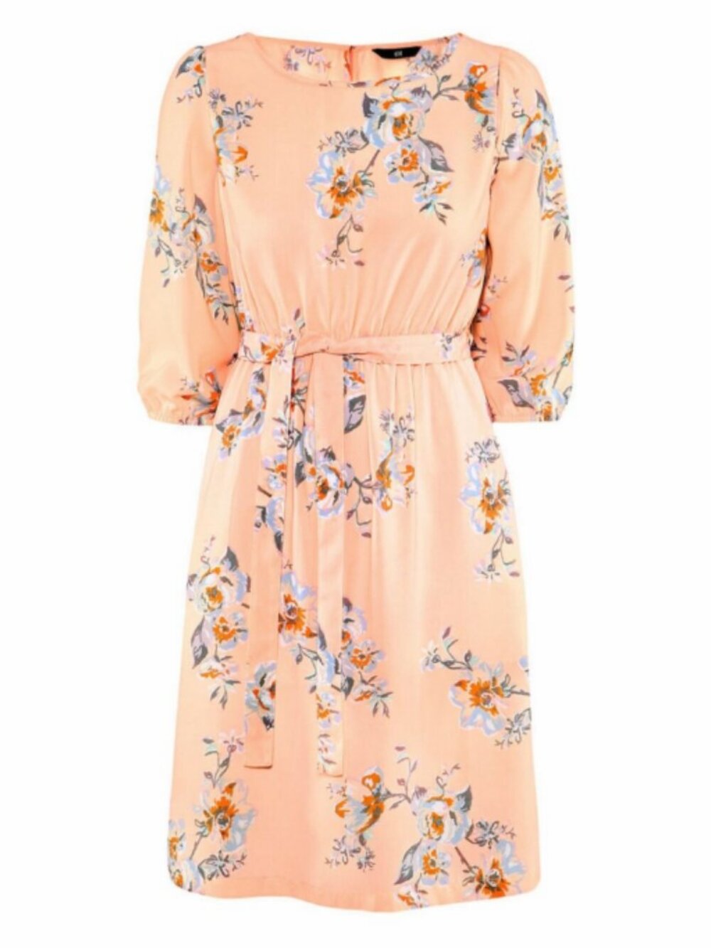 H&M Peach Pink Floral Chiffon Mini Dress 3/4 Sleeves Belted Waist EB5